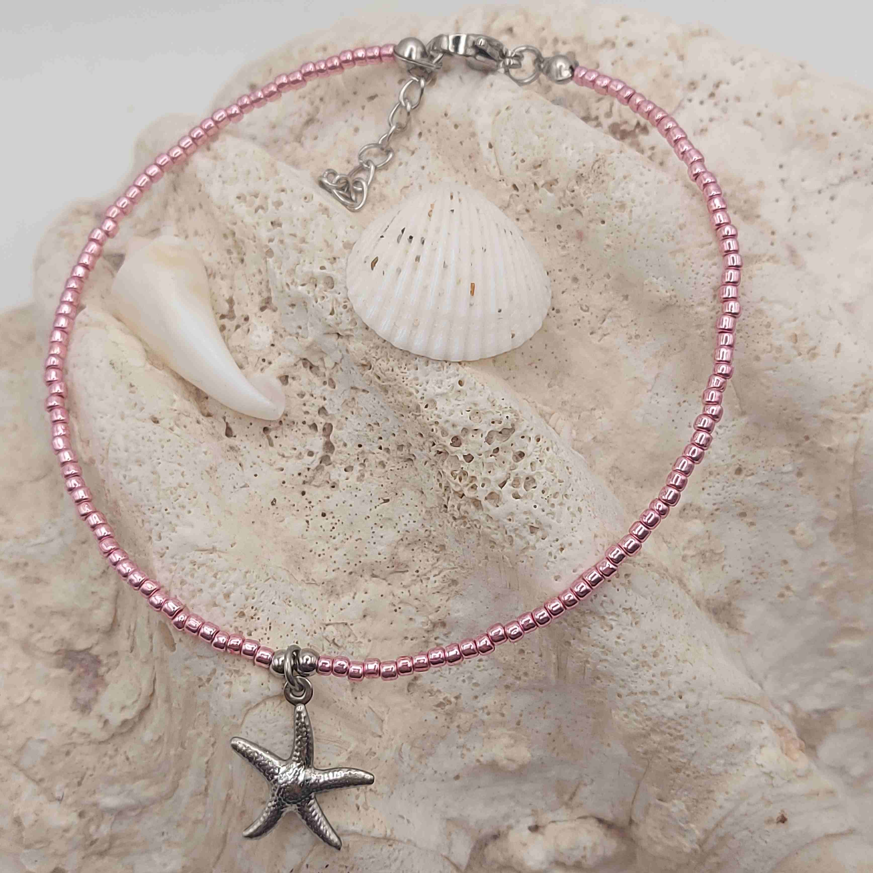 Rózsaszín bokalánc nemesacél tengeri csillag medállal