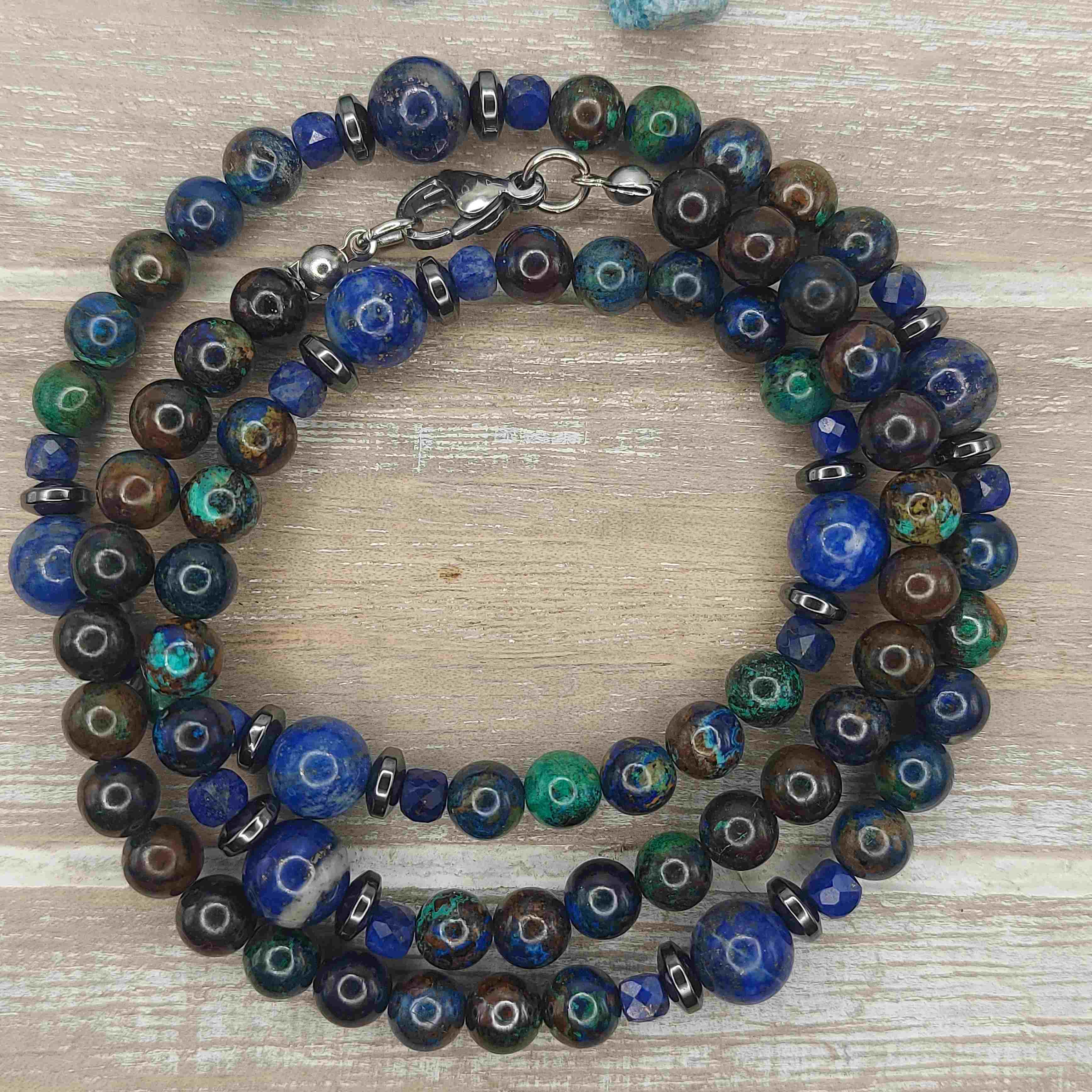 Azurit-malachit és lápisz lazuli férfi ásvány nyaklánc galéria kép