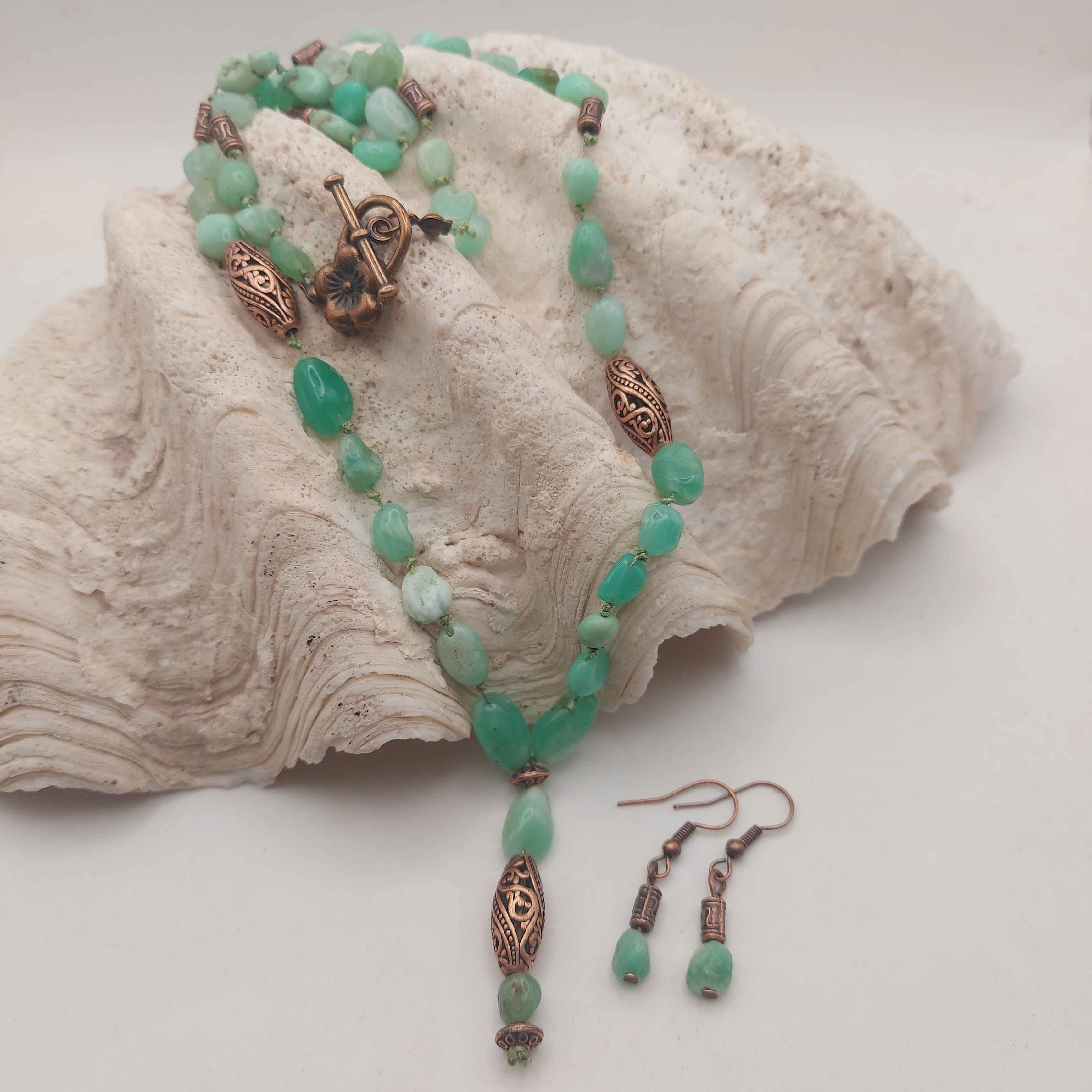 Krizopráz ásvány nyaklánc és fülbevaló galéria kép