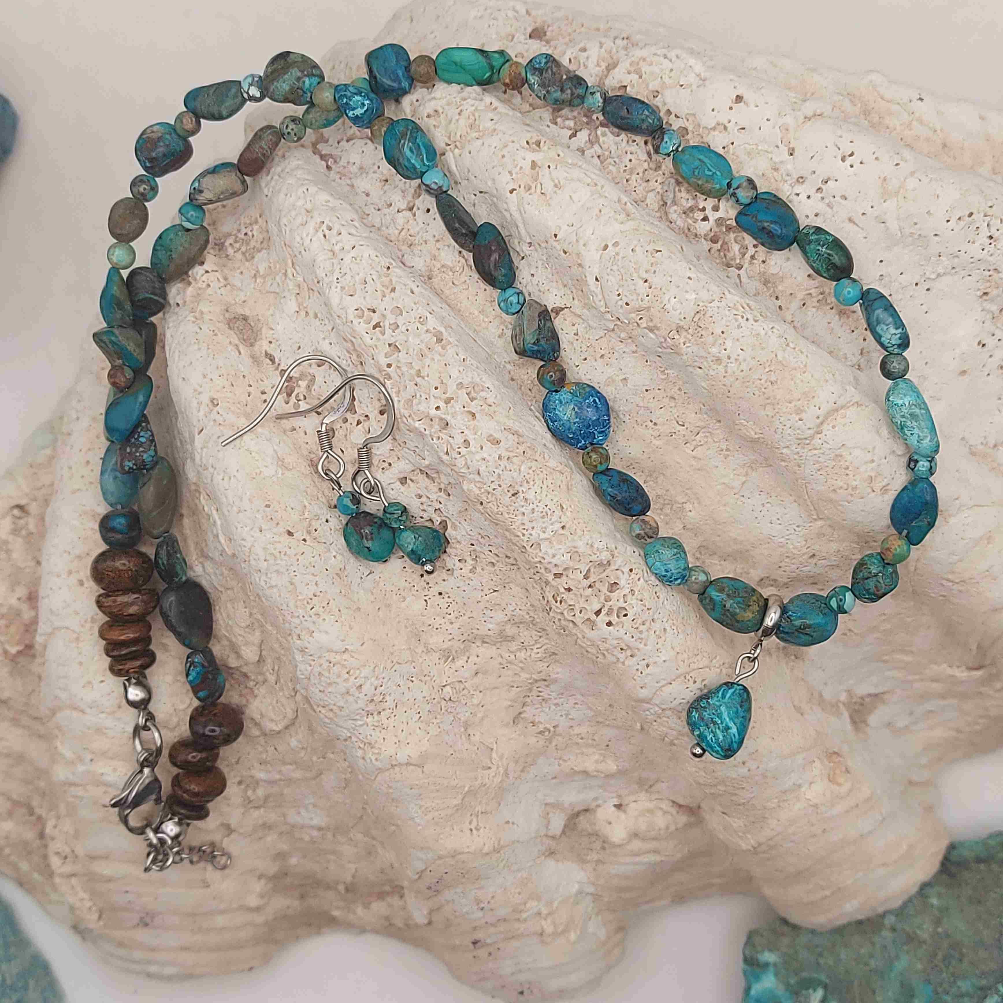 Krizokolla és türkiz női ásvány nyaklánc és fülbevaló szett galéria kép