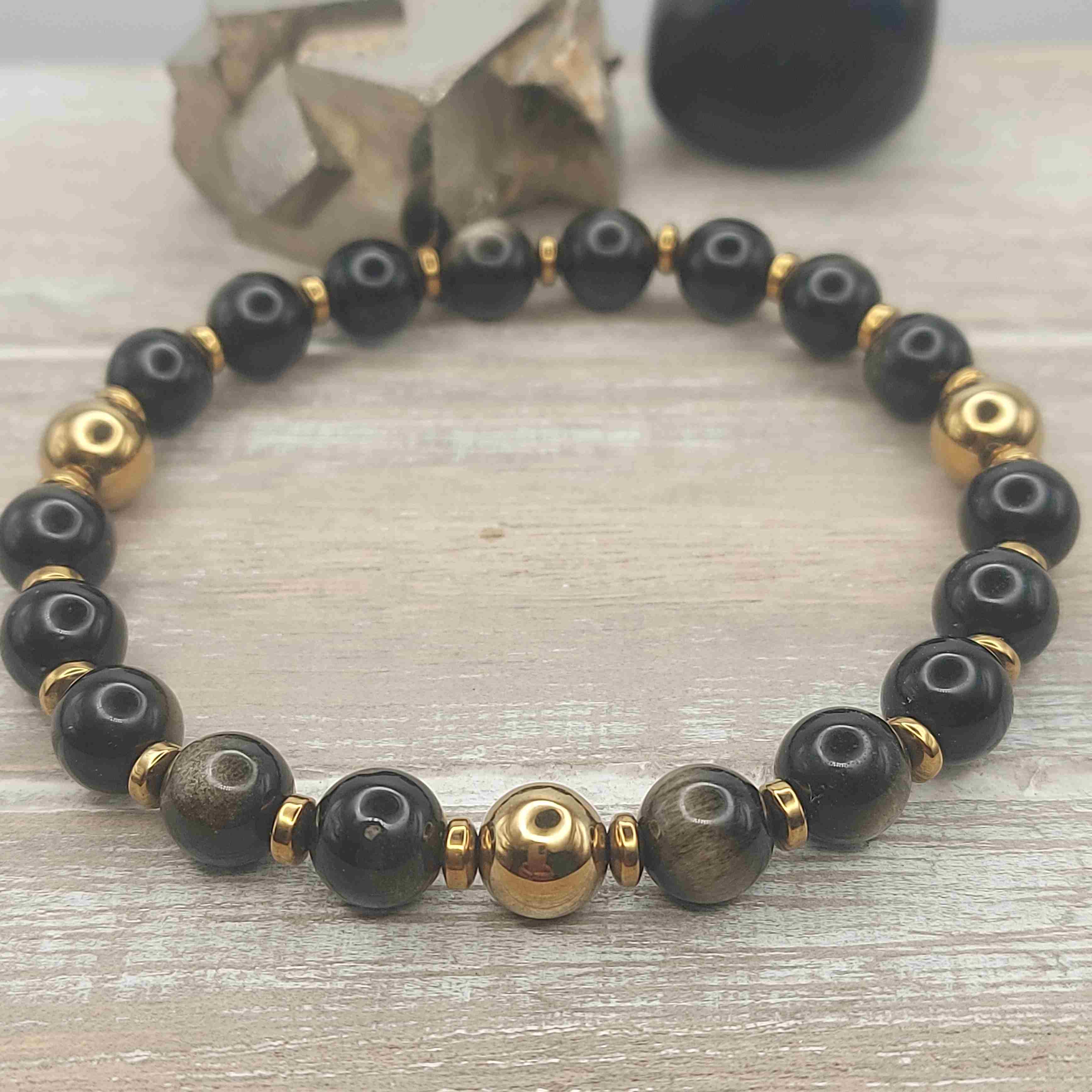 Arany obszidián és hematit férfi ásvány karkötő galéria kép